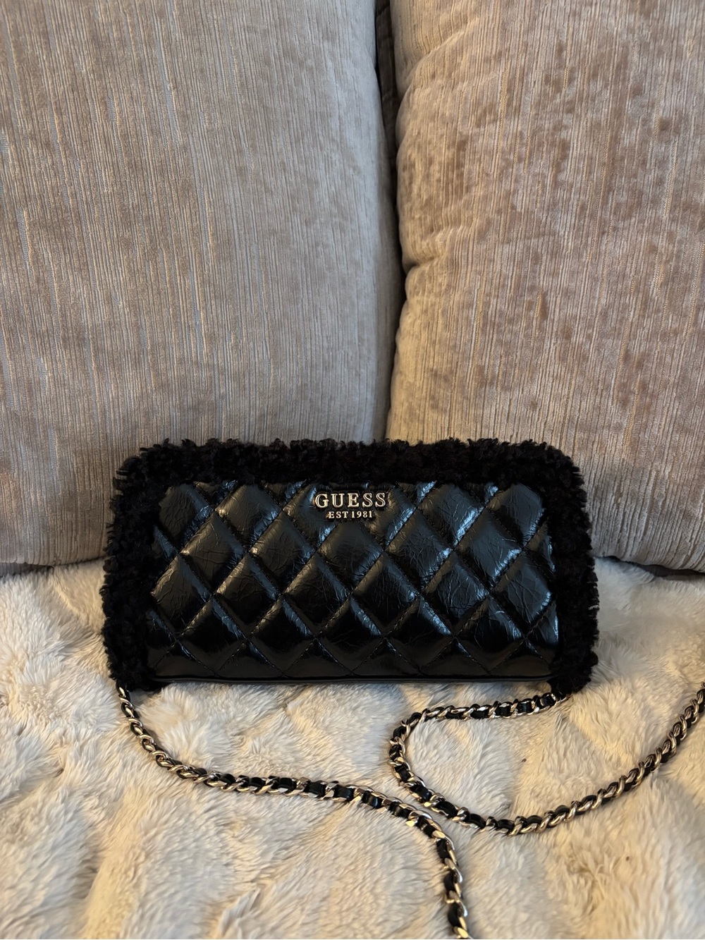 GUESS Black Quilted Faux-Shearling Trim Crossbody